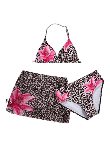 Image of RoseSeek Girl's 3 Piece Cute Bowknot Bathing Suit Halter Triangle High Waisted Swimsuit with Beach Cover Up Skirt