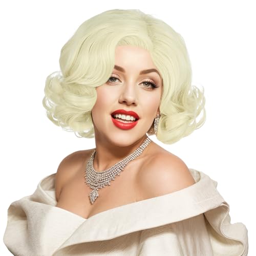 karlery Women Short Wavy Platinum Blonde Wig 1920s Classic Vintage Flapper Wig Heat Resistant Synthetic Fiber Breathable Adjustable Size for Cosplay Event Costume Halloween Party
