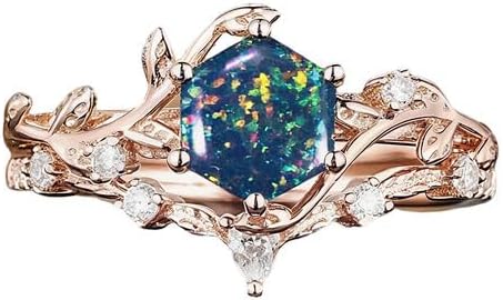 10K 14K 18K Gold Vine Leaf Black/White/Blue Opal Wedding Ring Sets for Women Twig Opal Promise Anniversary Statement Ring Sets Size 3-16