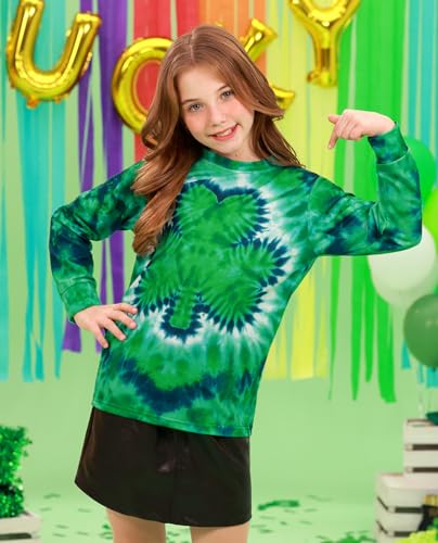 Image of Unisex Kids St. Patrick's Tie Dye Irish Clover Long Sleeve Shirt Shamrock Green Sweatshirt 6-14 Years