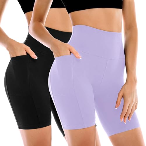 Image of Leafigure 2 Pack Womens Biker Shorts with Pockets 6 inch | High Waisted, Tummy Control, Running, Gym, Workout, Yoga Shorts