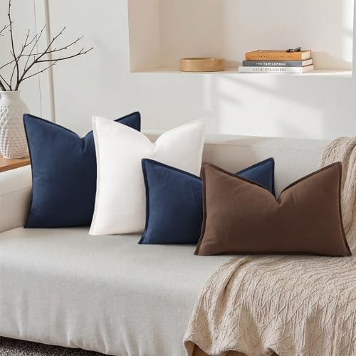 Image of decorUhome Fall Decorative Linen Throw Pillow Covers 12x20 Inch Set of 2 Chocolate Lumbar Pillow Covers with Flange Edges Soft Farmhouse Boho Accent Pillow Cases for Couch Bed Living Room
