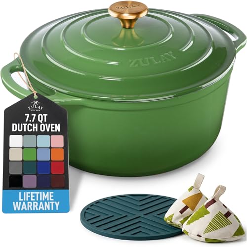 Image of Zulay Kitchen 7.7 Quart Enameled Cast Iron Dutch Oven Pot with Lid - Premium Durability & Oven Safe up to 500F - Heavy Duty Cookware Perfect for Bread Baking, Stews, Braising & Roasting - Green