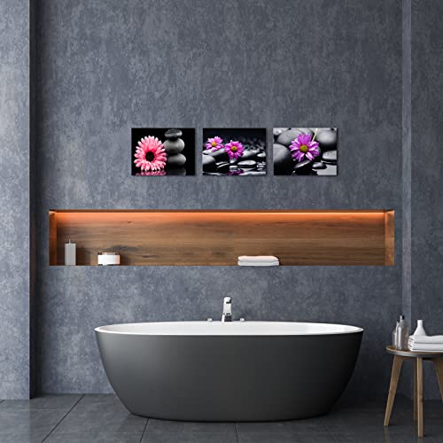 Lyerartork 3 Piece Zen Stone Canvas Wall Art Still Life Spa Painting Purple Daisy Flower Prints Modern Bathroom Treatment Artwork For Yoga Massage Meditation Calming Relaxing 12X16Inch Each Panel #TOP1