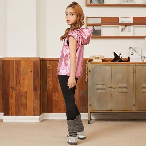 Image of Jxstar Girls Metallic Hoodie Vest Kids Shiny Zip Up Outfit Sleeveless Disco Shirt with Pocket