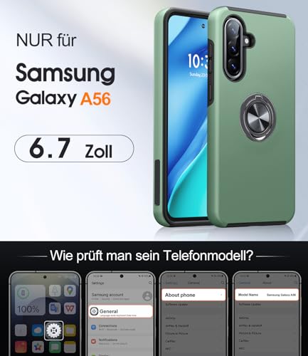 AOUIA für Samsung Galaxy A56 5G Hülle mit 2 Stück Panzerglas, Militärischer Stoßschutz Samsung A56 5G Hülle mit 360° Drehbarer Ring Kickstand Handyhülle für Samsung A56 5G, Alpengrün 2