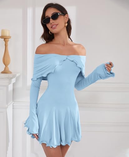 Image of Off The Shoulder Dresses for Women Long Slv Ruffle Bodycon Graduation Dress