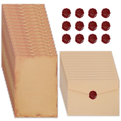 Vexnaro 12 Piezas Juego de Papel de Cartas Vintage,Incluye 12 Papel Antiguo Sobres,16 Papelería Vintage Papel y 12 Pegatinas Sellos de Cera,Juego de Sobres Papel, Invitaciones Bodas Cumpleaños (12)