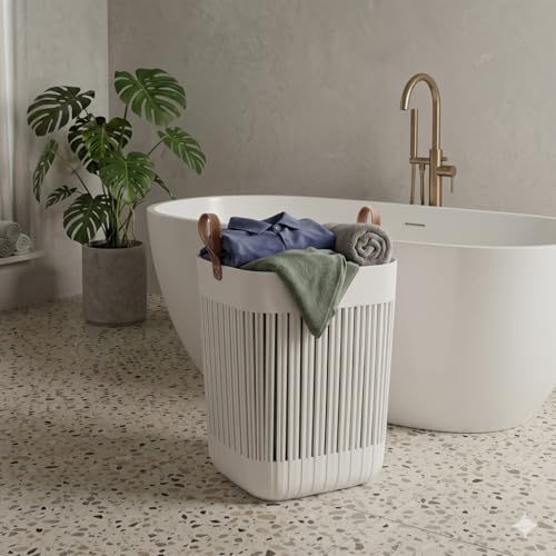Image of AIR O MATIC Plastic Rectangle Laundry Basket with Breathable Slotted Design & Ergonomic Leather Grip Handles - Large Ventilated Clothes Hamper for Bedroom, Bathroom & Laundry Room (White)