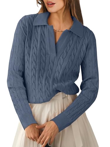 ANRABESS Womens Cable Knit Sweaters Long Sleeve V Neck Sweater Tops Casual Pullover Polo Shirts 2024 Fall Fashion Outfits Deep Blue S