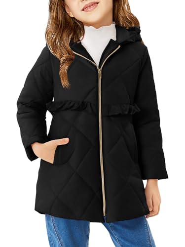 Haloumoning Girls Winter Coats Warm Hoodie Puffer Jacket Quilted Ruffle Fleece Coat 4-14 Years