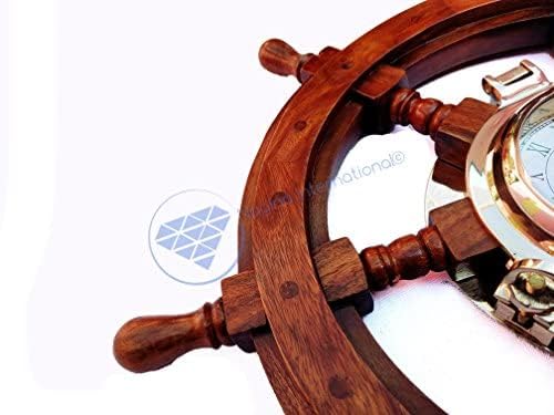 Miniatura 4 de Nagina International Rueda de barco marítima decorativa para el hogar con ojo de buey de latón, reloj de cuarzo, decoración del hogar pirata,