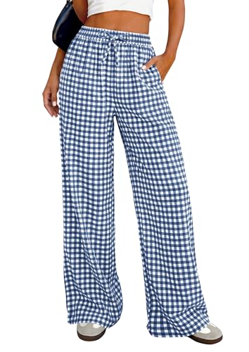 PRETTYGARDEN Gingham Pants Women Cotton Pajama Bottoms, Dark Blue Plaid,S