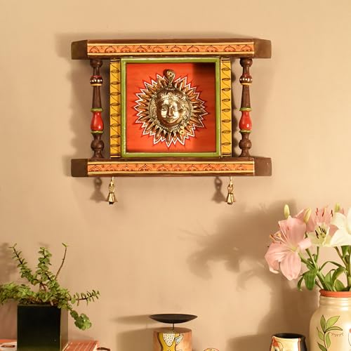 Image of Divya-I Wall decor frame with beautiful Brass Sculpture of Surya Dev | Handcrafted Wall Art for Home Decor & Office Spaces