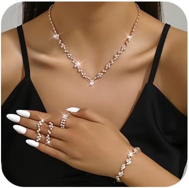 4 Pieces Bride Crystal Wedding Jewelry Set Rhinestone Necklace Earrings Bracelet Rings Crystal Bridal Wedding Jewelry Sets Prom Costume Jewelry Set for Women