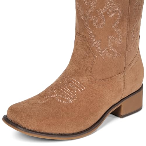 Image of IUV Cowboy Boots For Women Square Toe Wide Mid Calf Western Pull On Suede Fashion Black Brown Cowgirl Boots