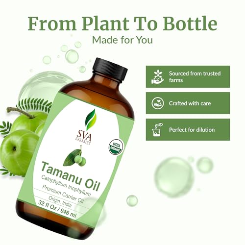 Image of SVA Organic Tamanu Seed Carrier Oil, Huge Glass Bottle, 32 Fl Oz (946 ml) | Tamanu Oil for Face Care, Skin Care, Facial Oil, Hair Care, Scalp Massage, Body Massage, Dilution & DIY Beauty Blends
