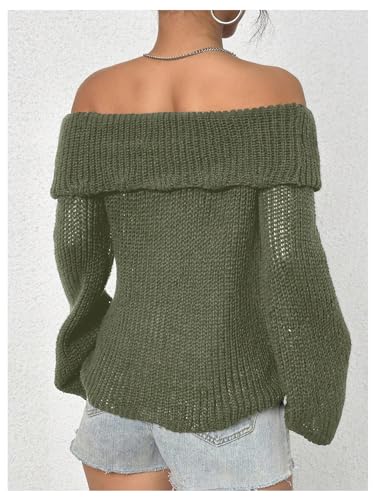 Image of MakeMeChic Women's Y2K Off The Shoulder Sweater Bell Sleeve Tops Fall Pullover Sweaters Lightweight Green Large