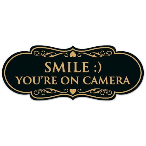 Signs ByLITA Designer Smile You're on Camera Sign - Easy Installation | Durable Wall or Door Sign (Black/Gold) - Small