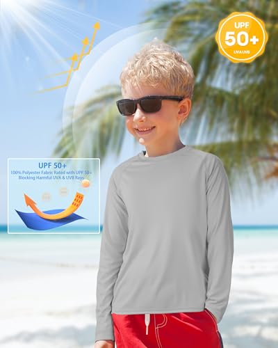 Image of Boys UPF 50+ Rash Guard Swim Shirt, Kids Youth Long Sleeve Sun Protection UV Rashguard Shirts for Water Surfing Beach