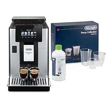 De'Longhi ECAM612.55.SB PrimaDonna Soul Perfetto Macchina Automatica per Caffè in Chicchi, Silver + Decalcificante + Bicchieri