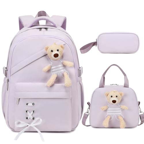 ACESAK School Backpack for Girls - 3 PCS Cute Girls Backpack with Lunch Box & Pencil Case - Kawaii Casual Kids Bookbag School Bag Daypacks Set for Elementary Middle High School Student Teens (Purple)
