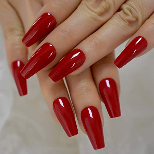 Gorgeous Red Press on Ballet False Nails Long Ruby-red Coffin Bal...