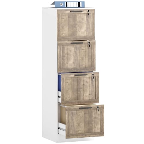 HOMCOM Cajonera de Oficina con 4 Cajones Cajonera de Escritorio con Cerradura 2 Llaves Barras Colgantes para A4 Carta Archivador Móvil para Estudio 39,4x40x129 cm Blanco y Madera