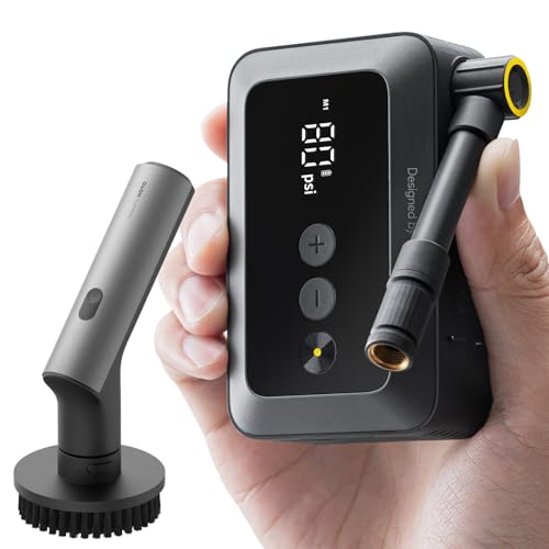 Hoto Mini Bike Pump,25s Fast Inflate Portable Bike Air Pump Bundle with Electric Spin Scrubber,Shower Scrubber Brush with Long Handle, 6 Brush Heads