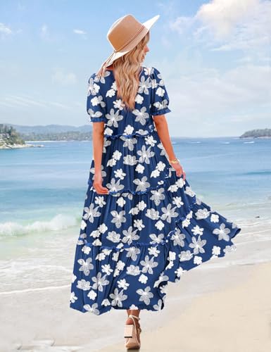 Image of YESNO Summer Casual Bohemian Floral Dresses for Women Puff Short Sleeve Long Maxi Dress with Pockets ETX