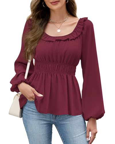 Womens Puff Long Sleeve Babydoll Tops Square Neck Ruffle Peplum Blouse Smocked Loose Fit Tunic Top Dressy Tee Shirts