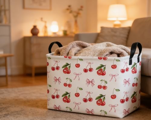 Image of Essme Rectangular Kids Baskets,Cherry Storage Box,Cute Basket for Kids with Handles for Room Decor, Book Bins,Shelf Basket.(Cherry)
