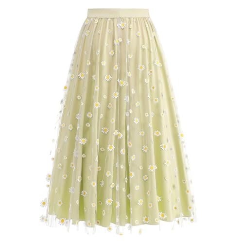 Womens Midi Tulle Skirt Daisy Embroidery Floral Layered Elastic High Waist Tutu Skirt Mesh A Line Fairy Skirts4