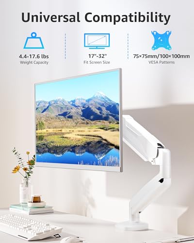 Image of MOUNTUP Single Monitor Desk Mount Holds Screen up to 32 inch, Height Adjustable Monitor Arm, Full Motion Computer Monitors Stand with Clamp /Grommet Base, VESA Mounts Fit 4.4-17.6lbs Computer, White