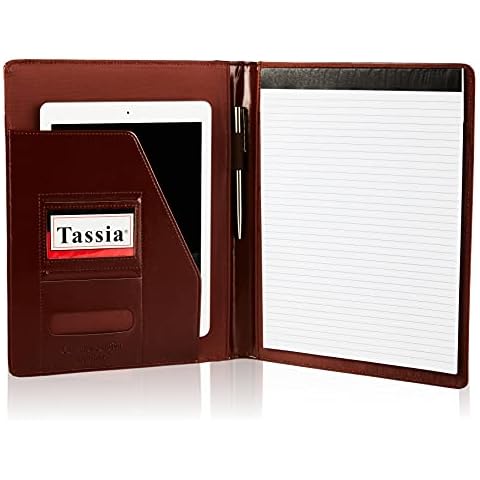 Tassia Milled Leather A4 Conference Folder - A4 Conference Folder Slip in Paper Pocket, Business Document Case Leather Padfolio Document Case Organizer - Brown Cover