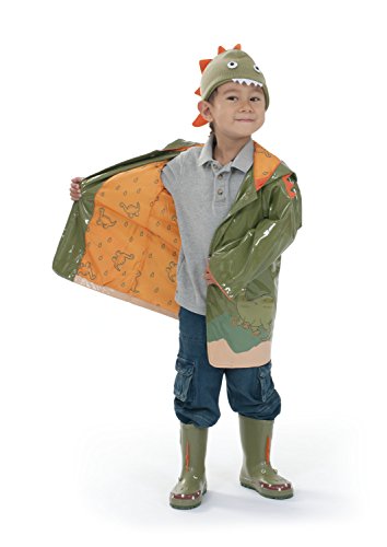 Green Dinosaur PU All-Weather Raincoat for Boys With Fun Dino Spikes and Volcano3