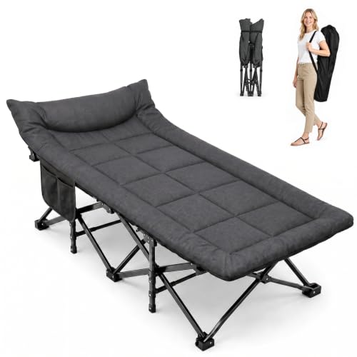 ARAER Camping Cot for Adults, 28" Wide with Mattress and Pillow (Dark Gray)