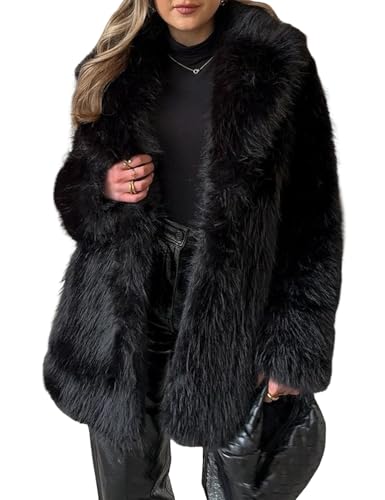 Wyeysyt Womens Faux Fur Coat Long Fluffy Shaggy Jacket Lapel Winter Furry Coats Fuzzy Outerwear(Black-XL)