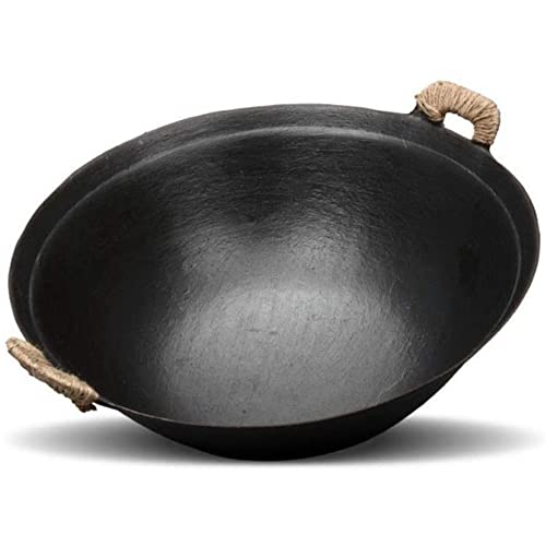 MNSSRN Wok Anti-escaldado de Doble Mango, Cacerola de Hierro Fundido Antiguo con asa Auxiliar de Cuerda de cáñamo, Wok de Hierro Fundido Inferior Redondo, Cacerola sin Recubrimiento,36CM