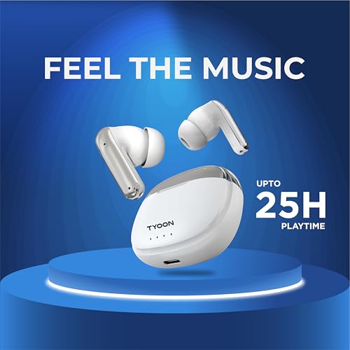 Image of TY TWS102 Air Beats True Wireless Earbuds, Up to 25 Hours Playtime, Bluetooth 5.4, Chrome Finish, Touch Controls, Type-C Charging (White)