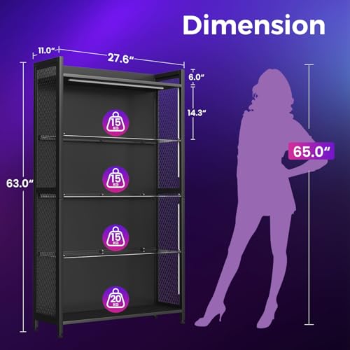 Image of AODK Display Case with Glass Shelves & RGB Lights, 4-Tier Display Cabinet | LED Display Shelf with Industrial Metal Mesh & Open Shelf Design for Collectibles, Black Curio Cabinet, Book Case