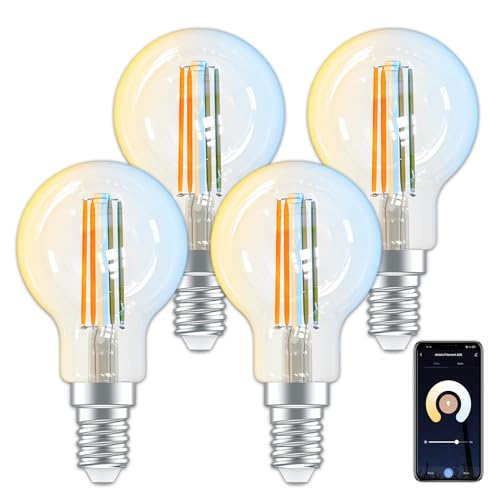 ANTELA Lampadine Alexa Inteligente WiFi LED Dimmerabile E14 P45, 4,5W 470LM 2700K-6500K Bianco Freddo/Caldo, Compatibile con Alexa/Google Home, Controllo Vocale, Controllo APP, 4Pezzi