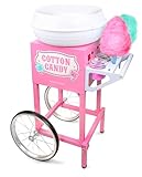 Nostalgia Professional Cotton Candy Cart, Vintage Candy Cart with Serving Shelf, 3 Bowls With Lids & Spoons, 13-in Rubber Wheels, Pull Handle, Includes 4 Reusable Cones & Wire Cleaning Brush, Pink