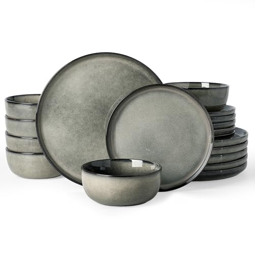 Image of Famiware Milkyway Stoneware Dinnerware Set, 18-Piece, Double Reactive Glaze, Plates and Bowls, Service for 6, Microwave and Dishwasher Safe, Scratch-Resistant, Greenish Brown