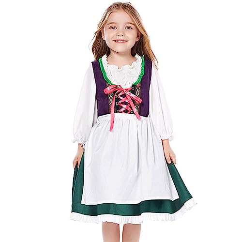 ODOLDI Girls Oktoberfest Costume Traditional German Dress for Girls Dirndl Dresses Costumes Oktoberfest Beer Girl Costume Maid Dress Up Halloween Outfits Green+Purple 5-6 Years