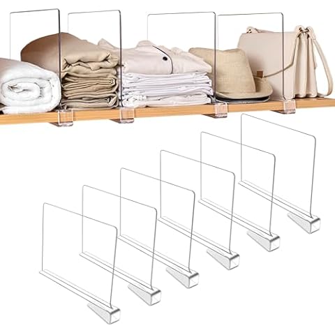 Sooyee 6 Pack Beautiful Acrylic Shelf Dividers, Perfect Perfect for Closets Kitchen Bedroom Shelving Organization to Organize Clothes Closet Shelves, Books,Towels and Hats, Purses Separators,Clear Cover