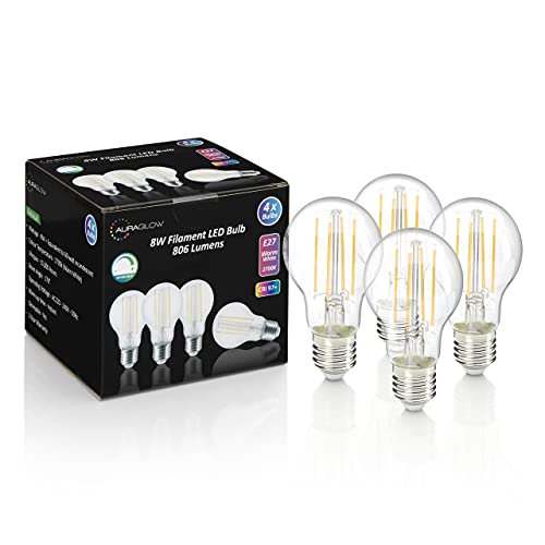 Auraglow 8W Filament Style LED E27 Dimmbar A60 Glühbirne 60W Äquivalent 806lm Warmweiß 2700K - Hohe CRI Bewertung 97 - 4 Stück Cover