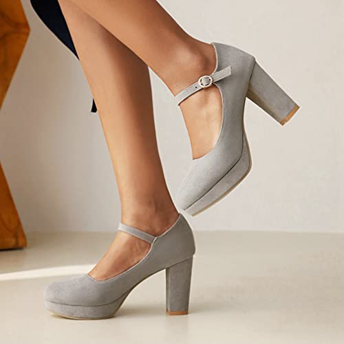 KISSASA Womens Faux Suede High Heel Mary Janes Chunky Round Toe Platform Ankle Strap Pumps Office Work Dress Shoes2