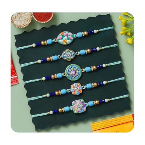 Image of Rakhi for Brother Set of 5 Rakhi With Roli Chawal and Best Wishes Card