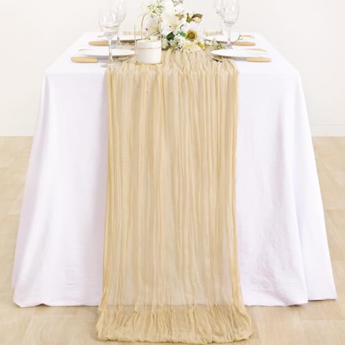 Image of MLMC Champagne Cheesecloth Table Runner 10ft Sand Rustic Gauze Cheese Cloth Table Runner 35x120 Inches for Farmhouse Cozy Holiday Outdoor Events Home Decor